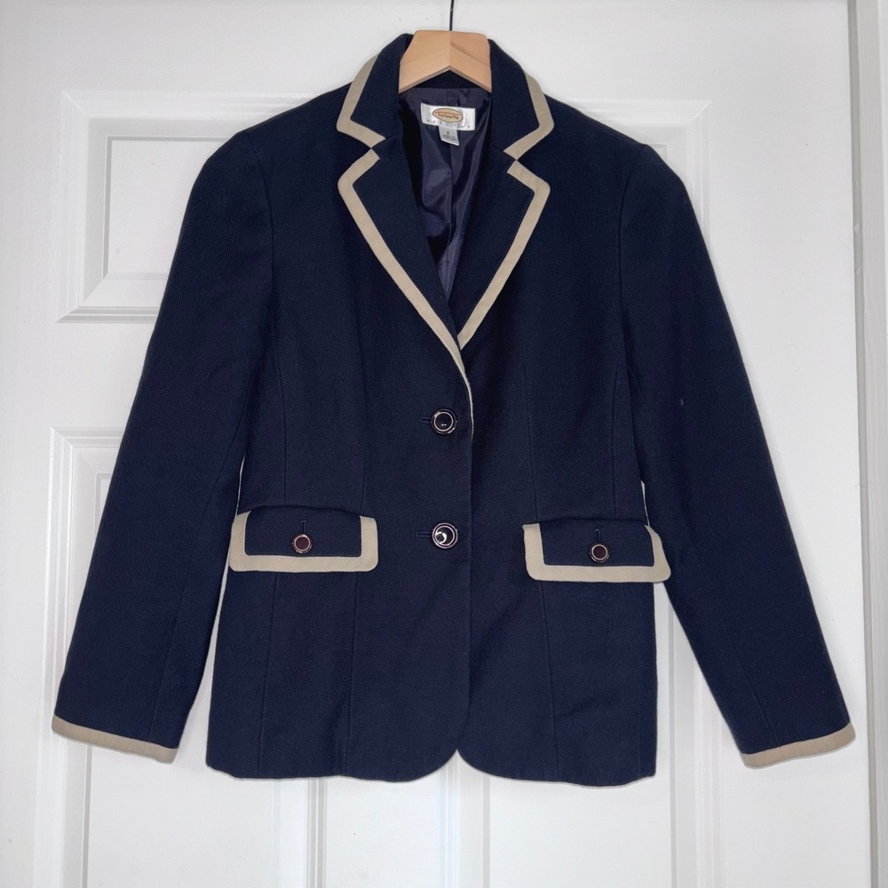 Talbots Classic Navy Blazer with Sharp Contrasting Beige Trim Preppy Style Sz 2p